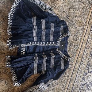 7 For All Mankind Dark Blue Top with White Embroidery